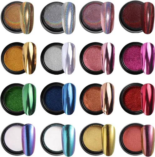 Juego de polvos de uñas cromados de 16 colores, efecto espejo metálico holográfico Aurora Chameleon, pigmento con purpurina para esmalte de gel,
