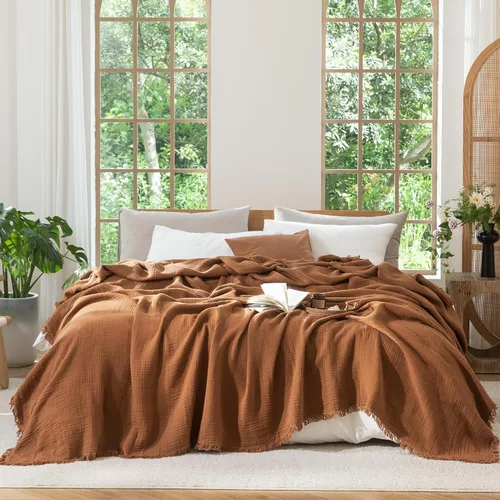 Miniatura 15 de MooMee - Manta de muselina 100% algodón, manta de 4 capas de gasa con borlas, ultra suave, transpirable, ligera y refrescante para cama y sofá Verde