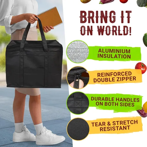Miniatura 4 de APQ Supply Bolsa de entrega de alimentos aislada negra, bolsas de comestibles aisladas con cierre superior, bolsa de catering para entregas