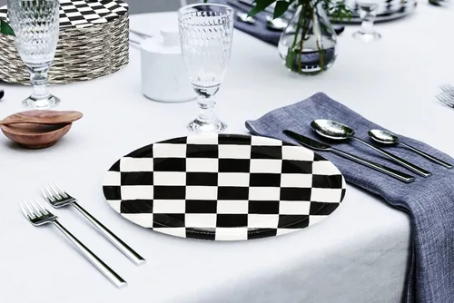 Miniatura 6 de 40 piezas de suministros para fiesta de cumpleaños de autos de carreras, suministros de fiesta a cuadros en blanco y negro, plato de papel a cuadros