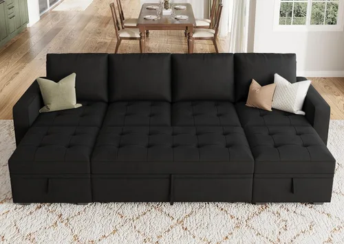 Miniatura 19 de HONBAY Sofá cama modular modular con cama extraíble, sofá en forma de L con asiento de almacenamiento, sofás seccionales para sala de estar, beige