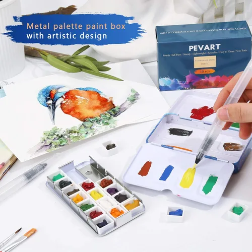 Miniatura 7 de PEVART Paleta de acuarela de lata de metal, Estuche vacío de pintura con 50 piezas de sartenes vacías y un lápiz de acuarela adecuado para paleta