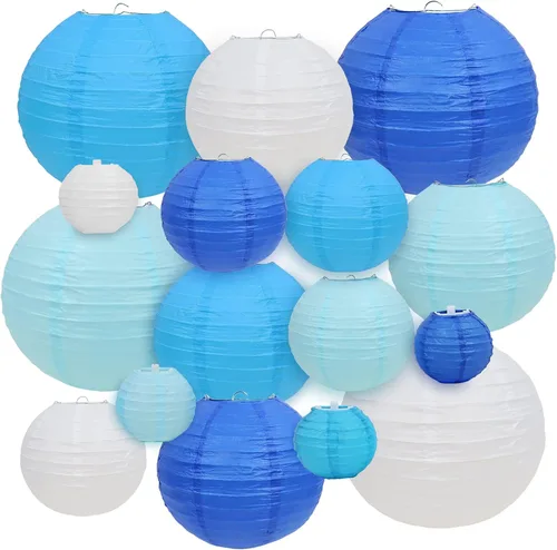 LURICO 16 linternas de papel azul/blanco (tamaño de 4, 6, 8, 10 pulgadas), decoración de papel chino/japonés, faroles de bola para decoración del