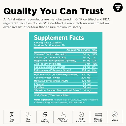 Miniatura 5 de Vital Vitamins Complejo de hidratación de suplemento de ácido hialurónico, con ácido hialurónico, MSM, vitamina C, agua de coco en polvo y sílice