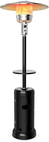 Miniatura 9 de S AFSTAR Calentador de patio al aire libre de 48000 BTU, calentador de propano portátil con estante para bebidas, ruedas, depósito base, torre