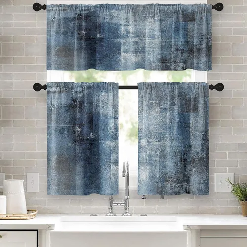 Juego de cortinas azules para ventana de cocina, cenefa y nivel, cortinas modernas grises con bolsillo para barra, cortinas de café pequeñas de arte