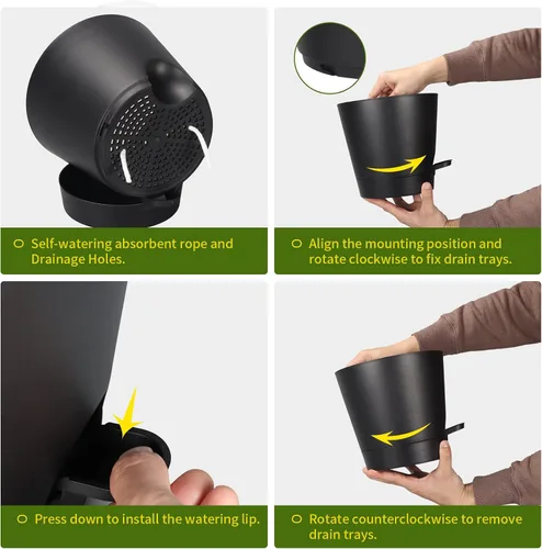 Miniatura 5 de Macetas de riego automático de 8 pulgadas para interiores, paquete de 6 macetas de plástico con agujeros de drenaje, color negro