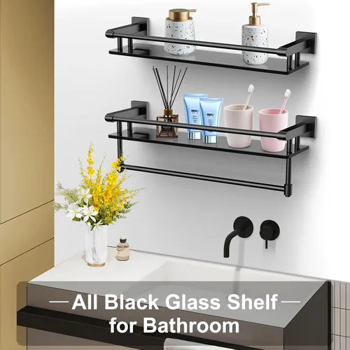 Miniatura 7 de Estante de vidrio para baño de 20 pulgadas, estantes de baño con barra para toallas, estantes de vidrio templado con soporte para toallas de acero