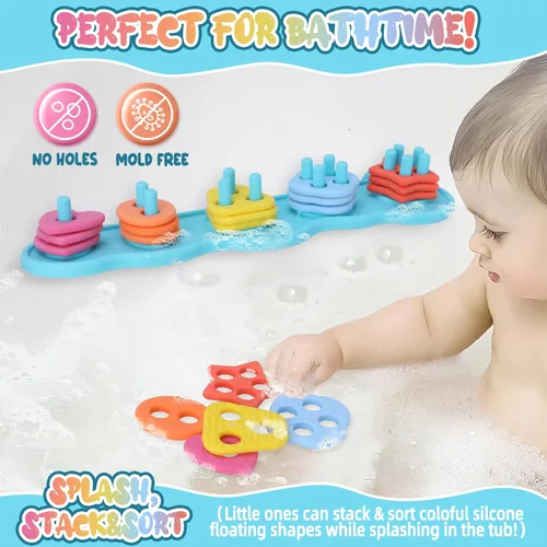 Miniatura 2 de Juguetes de baño para bebés, juego de juguetes de baño de silicona sin moho para clasificar y apilar con 20 piezas flotantes texturizadas, diseño