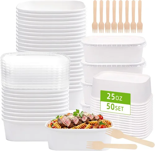 Miniatura 8 de Paquete de 50 recipientes de comida de papel de 19 onzas con tapas, recipientes de preparación de comidas, cuencos de papel grandes desechables