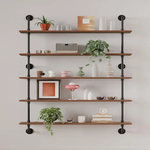 Miniatura 11 de HDDFER - Estantería industrial para tuberías rústicas en blanco, estantes de pared de tubería industrial con tablas de madera, estantes flotantes