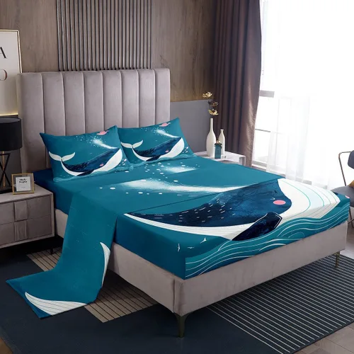 Miniatura 32 de Erosebridal Juego de sábanas de ballena náutica, tamaño individual, juego de ropa de cama vintage azul con ondas oceánicas para niños y niñas