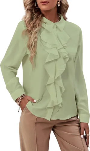 Miniatura 30 de LYANER - Blusa de manga larga con cuello de botón y volantes en la parte delantera para mujer