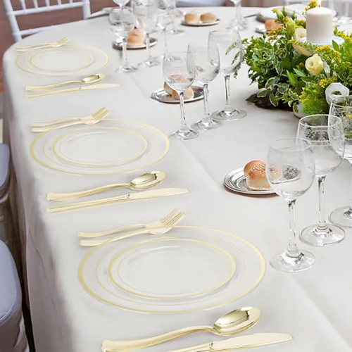 Miniatura 7 de BESTVIP Juego de 600 platos de plástico dorado transparente (para 100 invitados), platos de plástico para fiesta, boda, cumpleaños, juego de vajilla