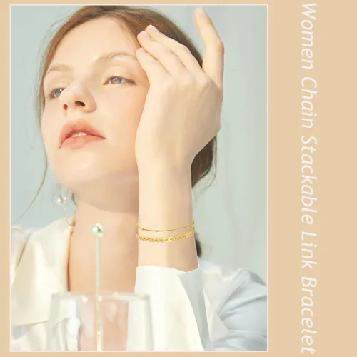 Miniatura 2 de SAMOCO Juego de 14 pulseras de cadena de oro para mujer, chapados en oro de 14 quilates, pulseras apilables de oro de moda, regalos de joyería