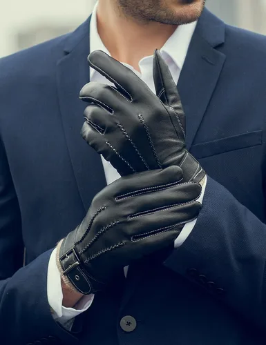 Miniatura 4 de YISEVEN Guantes de piel de cordero con forro de cachemira de invierno para hombre