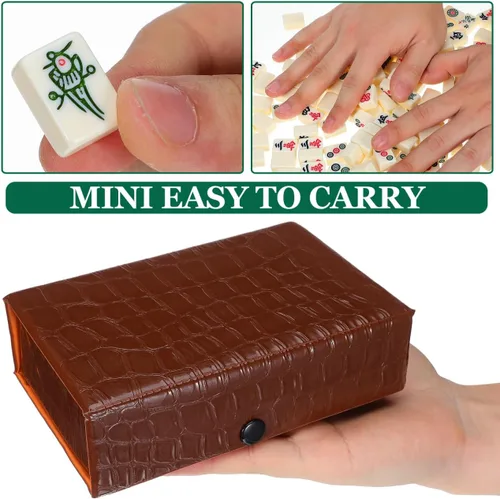 Miniatura 8 de BESTOYARD Mini juego de mahjong de viaje portátil con 146 azulejos marrón estuche de transporte para adultos principiantes y ancianos, reuniones