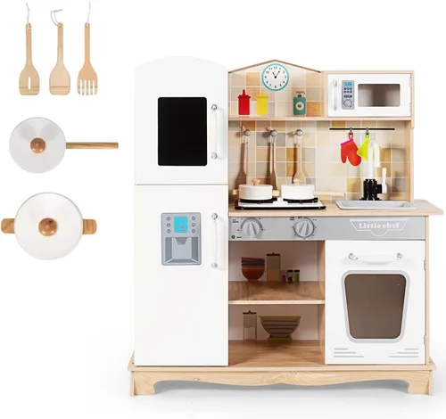 HOMGX - Juego de cocina de juguete para niños con microondas, grifo, estufa, luz y sonido realistas, accesorios de utensilios de cocina, juguete de