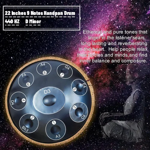 Miniatura 4 de Handpan 22 pulgadas D Minor Kurd Handpan 9 Notas Handpan Instrumento para rendimiento profesional, 440HZ Sonido Handpan Tambores para adultos
