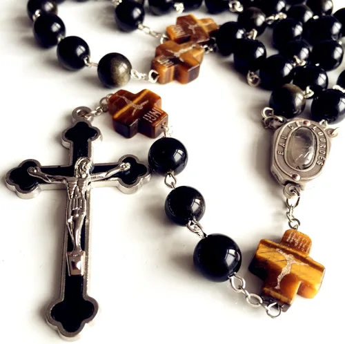 Miniatura 4 de elegantmedical Hecho a mano católico negro 0.394 in oro obsidiana cuentas Lourdes medalla de agua rosario cruz collar caja para hombre mujer regalo