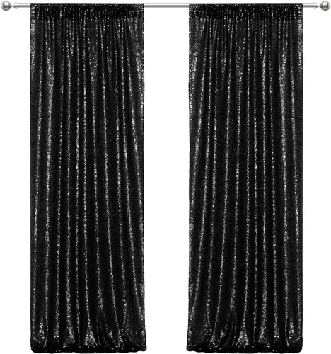 Miniatura 4 de Juya Delight 2 Piezas Cortinas de Fondo de Lentejuelas Negras Brillantes de 2 pies x 8 pies - Telón de Fondo con Purpurina Negra para Fotos de Negro