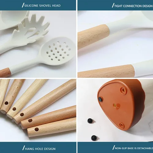 Miniatura 7 de Color Dots - Juego de utensilios de cocina de silicona, 11 piezas, mango de madera, resistente al calor, antiadherente, seguro para utensilios