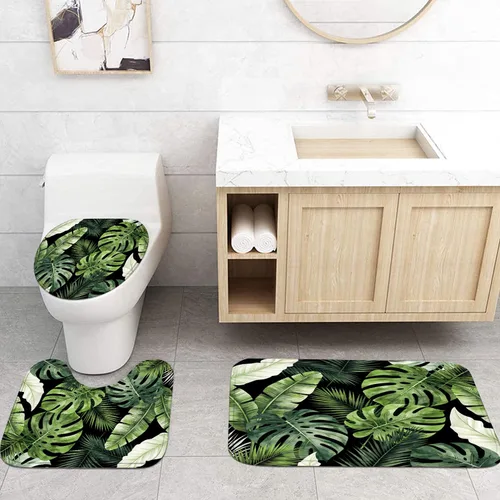 Miniatura 6 de LQCOOL 4Pcs Black Green Shower Curtain Set, Modern Minimalist Bathroom Sets, Abstract Botanical Bathroom Sets with Shower Curtain and Rugs, Tropical