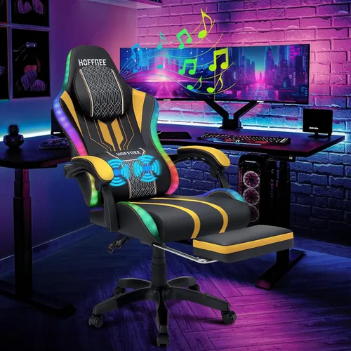 Miniatura 12 de HOFFREE Silla LED para juegos con altavoces, silla de computadora grande y alta con luces RGB, silla de juego Bluetooth con reposapiés, sillas