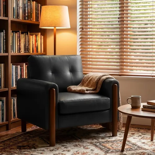 Miniatura 9 de STHOUYN 35" Black Leather Oversized Accent Chair with Wood Armrests, Mid-Century Modern Tufted Living Room Chair, Comfy Reading Sofa Chair with