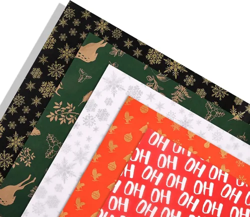 Miniatura 5 de PAPER FAIR HoHoHo - Juego de 100 hojas de papel de seda de regalo verde vintage dorado y plateado, papel de seda de copo de nieve HoHoHo, para caja