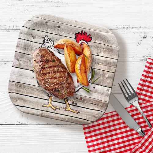 Miniatura 5 de Havercamp 8 platos de fiesta de madera de granero Papel temático de madera para picnics y fiestas Plato de pollo cuadrado de 9 pulgadas