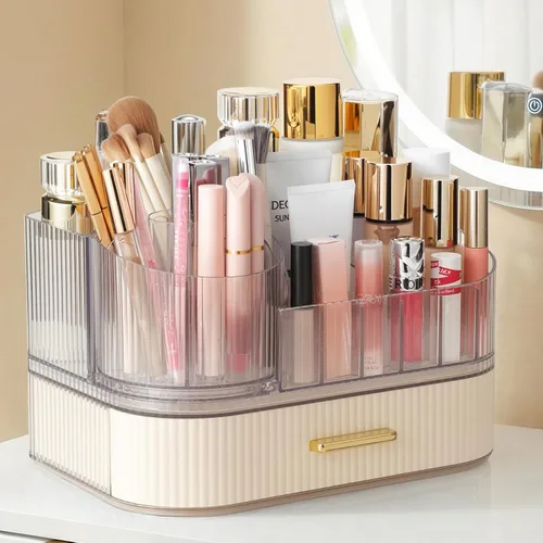 Miniatura 10 de Delamu Organizador de maquillaje para tocador con cajones apilables, soporte giratorio de 360º para brochas de maquillaje, vitrina grande