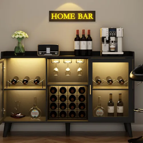 Miniatura 9 de Auromie Armario de bar de vinos con luz LED, gabinete de café para el hogar con estante para vino y vidrio, aparador de cocina con estantes de Negro