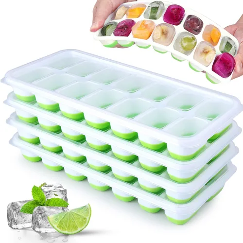 Miniatura 10 de Paquete de 4 bandejas para cubitos de hielo, fáciles de liberar y flexibles, bandejas de silicona para cubitos de hielo de 56 piezas con tapa