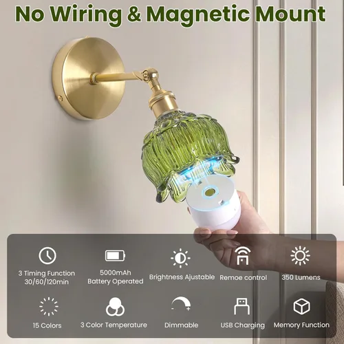 Miniatura 6 de Vintage Battery Operated Wall Sconces - 5000mAh Rechargeable Dimmable Wireless Lights with Remote Control - Set of 2 Green Flower Glass Powered