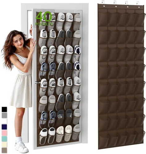 Miniatura 16 de Organizador de zapatos colgante sobre la puerta con 40 bolsillos grandes de malla transpirable, soporte de zapatos que ahorra espacio, estante