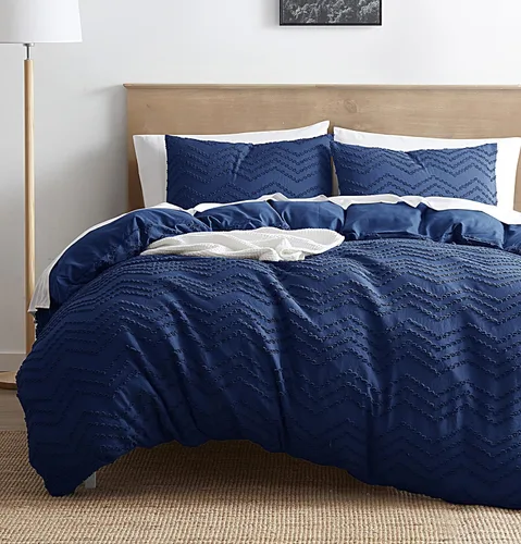Juego de funda de edredón de 3 piezas con cierre de cremallera, 104 x 90 pulgadas y 2 fundas de almohada Azul marino - Diseño Chevron