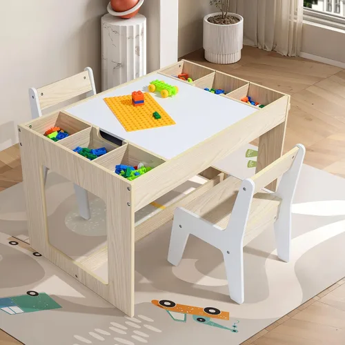 Miniatura 10 de LuxenHome - Juego de mesa y sillas para niños pequeños con mesa reversible, juego de mesa de actividades multifuncional para niños y sillas