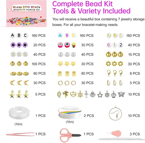 Miniatura 3 de Redtwo Kit de 45000 cuentas de cristal de 0.118 pulgadas, 7 cajas de 144 colores para pulseras, kit de pulsera de amistad con dijes y letras