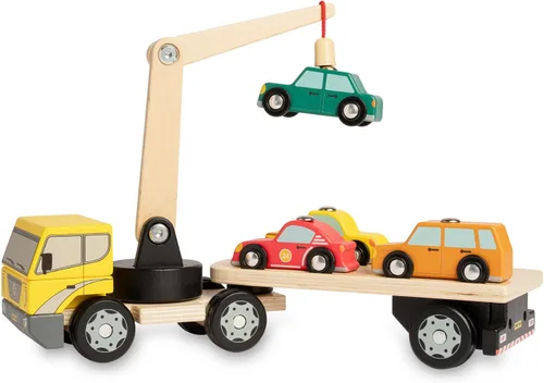 Nene Toys Cargador magnético para automóvil con 4 autos y 1 camión de madera semirremolque para niños de 2 años en adelante, juguete interactivo de