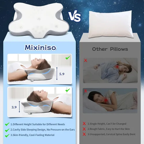 Miniatura 7 de Almohada cervical para aliviar el dolor de cuello, almohadas ergonómicas de contorno lateral para adultos, almohadas refrescantes de espuma Blanco