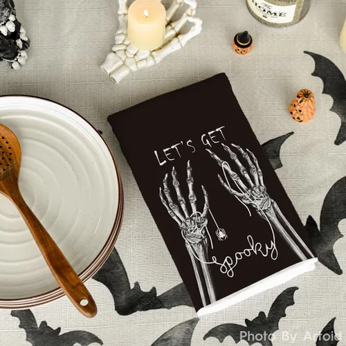 Miniatura 4 de Artoid Mode Juego de 2 toallas de cocina de Halloween con diseño de esqueleto espeluznante, 18 x 26 pulgadas, diseño de huesos con texto en inglés