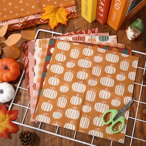 Miniatura 4 de Whaline Paquete de 12 piezas de tela de algodón de otoño boho de 10 x 10 pulgadas, tela cuadrada de hongos y calabaza, telas de costura bohemias