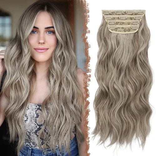 Miniatura 29 de FESHFEN Extensiones de cabello con clip - 4 piezas Extensiones de cabello sintético ondulado largo y grueso con clip para cabeza completa
