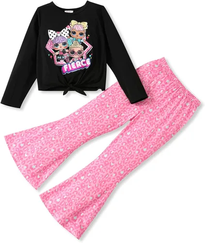 L.O.L. Surprise! Conjunto de 2 piezas para niñas, camiseta de manga larga con nudo anudado y parte inferior acampanada, color rosa corazón