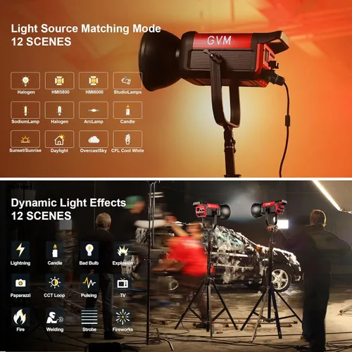 Miniatura 5 de GVM - Luz de video LED de 200 W, salida continua de 2700 K-6800 K, luz LED COB con control de aplicación DMX/Bluetooth, luz de estudio de YouTube