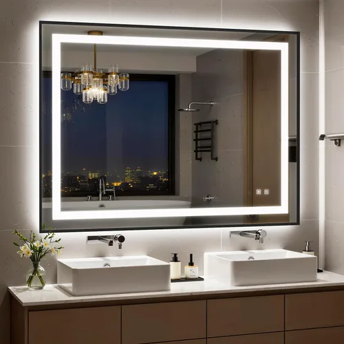 Miniatura 17 de Espejo de baño LED de 24 x 32 pulgadas con luces, espejo de tocador de baño con marco negro con luz frontal + retroiluminación para pared, vidrio