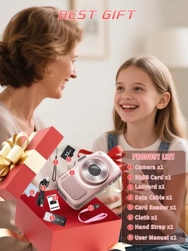 Miniatura 9 de Cámara digital, Cámaras de videoblogs 4K con enfoque automático para fotografía con tarjeta de 32GB, cámara digital compacta portátil de 64MP de Rosa