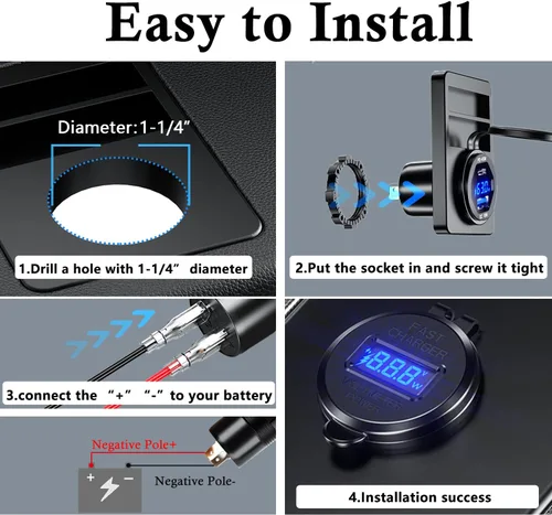 Miniatura 7 de PD - Cargador rápido USB C de 45 W de 18 W, enchufe de cargador USB 3.0 impermeable con interruptor, voltímetro LED y fusible de cable, kit