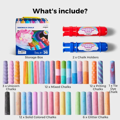 Miniatura 7 de Jar Melo 38 tizas de acera para niños, tiza de color con soporte, tizas lavables y no tóxicas, juego al aire libre y arte de pizarra para niños